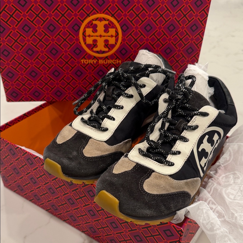Tory Burch Black, White and Tan Logo Running Sneakers